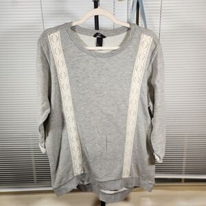 H&M $30 Large Gray Heather Lace Trimmed 3/4 Rolled Cuff Cotton Blend‎ Sweatshirt